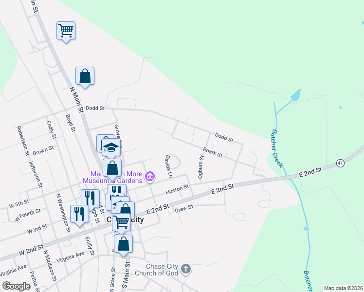 map of restaurants, bars, coffee shops, grocery stores, and more near 2-98 Norwood Drive in Chase City