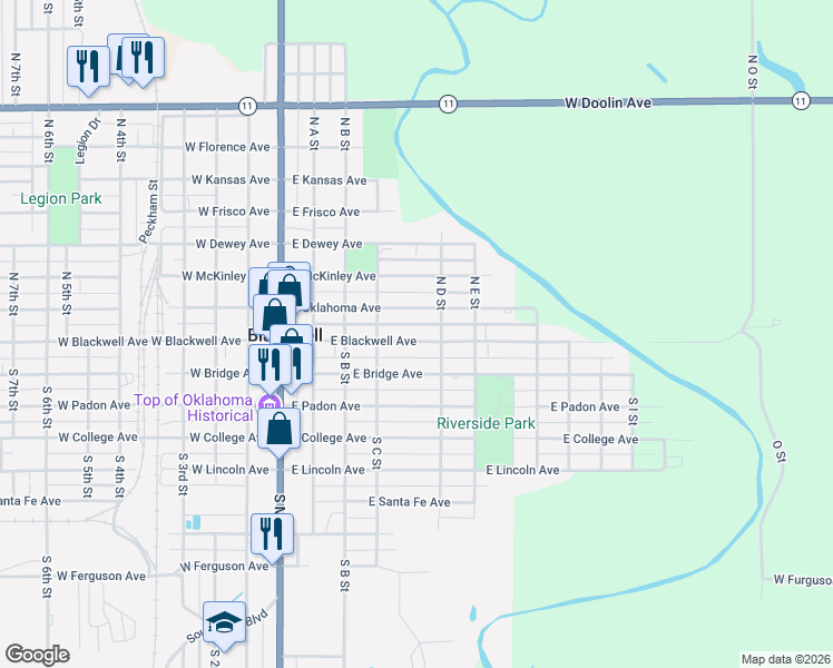 map of restaurants, bars, coffee shops, grocery stores, and more near 425 East Blackwell Avenue in Blackwell