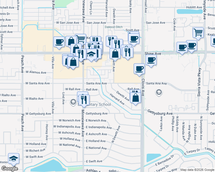 map of restaurants, bars, coffee shops, grocery stores, and more near 2444 Harvard Avenue in Clovis