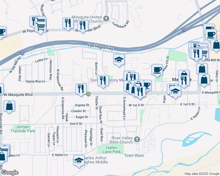 map of restaurants, bars, coffee shops, grocery stores, and more near 451 West Mesquite Boulevard in Mesquite