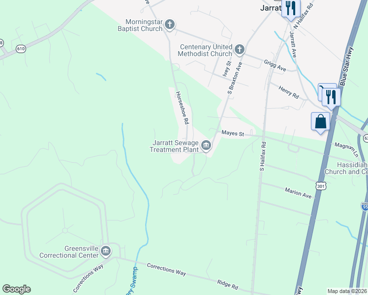 map of restaurants, bars, coffee shops, grocery stores, and more near 699 Horseshoe Road in Jarratt