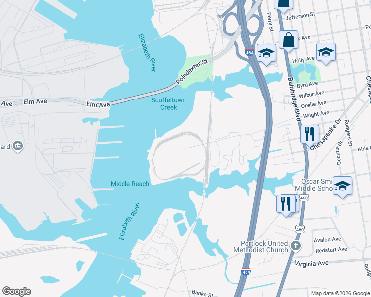 map of restaurants, bars, coffee shops, grocery stores, and more near 401 Barnes Road in Chesapeake