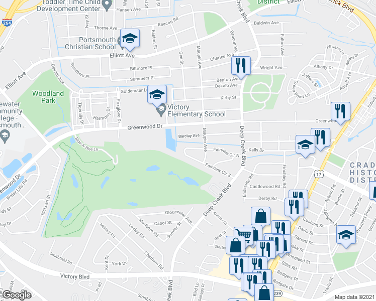 map of restaurants, bars, coffee shops, grocery stores, and more near 209 Fairview Circle North in Portsmouth