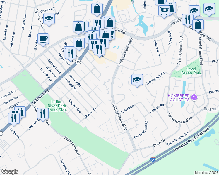 map of restaurants, bars, coffee shops, grocery stores, and more near 6457 Duquesne Place in Virginia Beach
