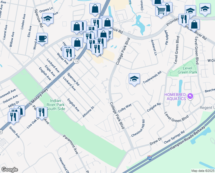 map of restaurants, bars, coffee shops, grocery stores, and more near 6457 Duquesne Place in Virginia Beach