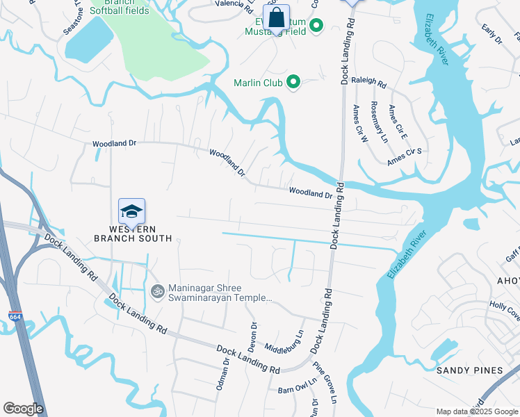 map of restaurants, bars, coffee shops, grocery stores, and more near 4044 Maple Drive in Chesapeake