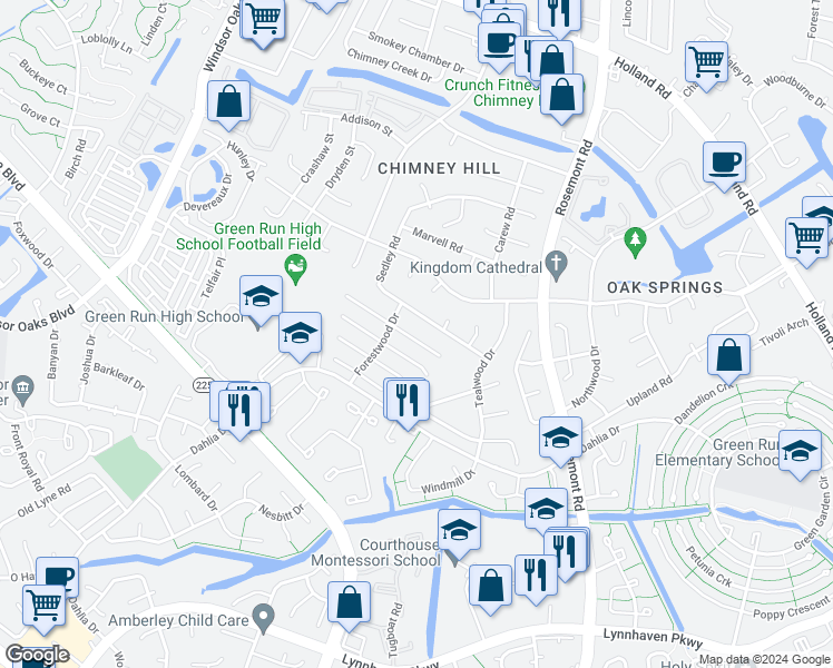 map of restaurants, bars, coffee shops, grocery stores, and more near 3836 Clearwood Court in Virginia Beach