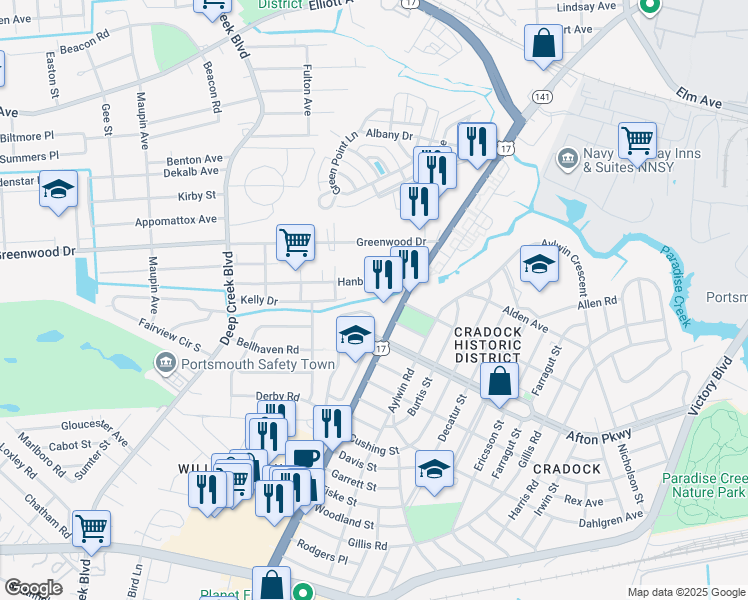 map of restaurants, bars, coffee shops, grocery stores, and more near 315B Hanbury Avenue in Portsmouth