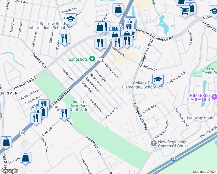 map of restaurants, bars, coffee shops, grocery stores, and more near 2029 Weber Avenue in Chesapeake