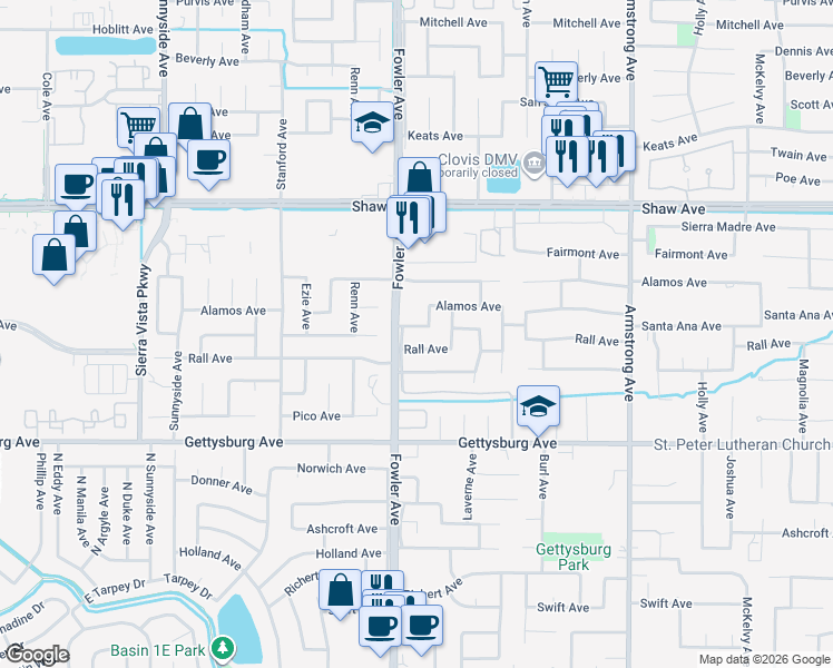 map of restaurants, bars, coffee shops, grocery stores, and more near 1800 Rall Avenue in Clovis