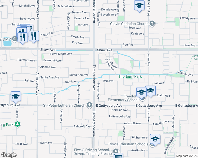 map of restaurants, bars, coffee shops, grocery stores, and more near 2476 Applegate Avenue in Clovis