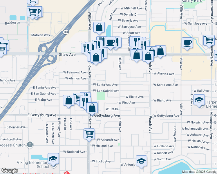 map of restaurants, bars, coffee shops, grocery stores, and more near 660 West San Gabriel Avenue in Clovis