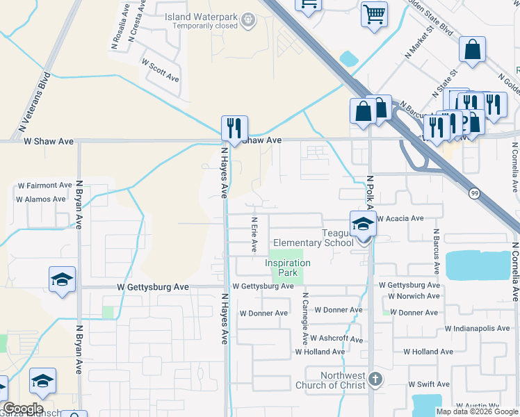 map of restaurants, bars, coffee shops, grocery stores, and more near 4736 North Erie Avenue in Fresno