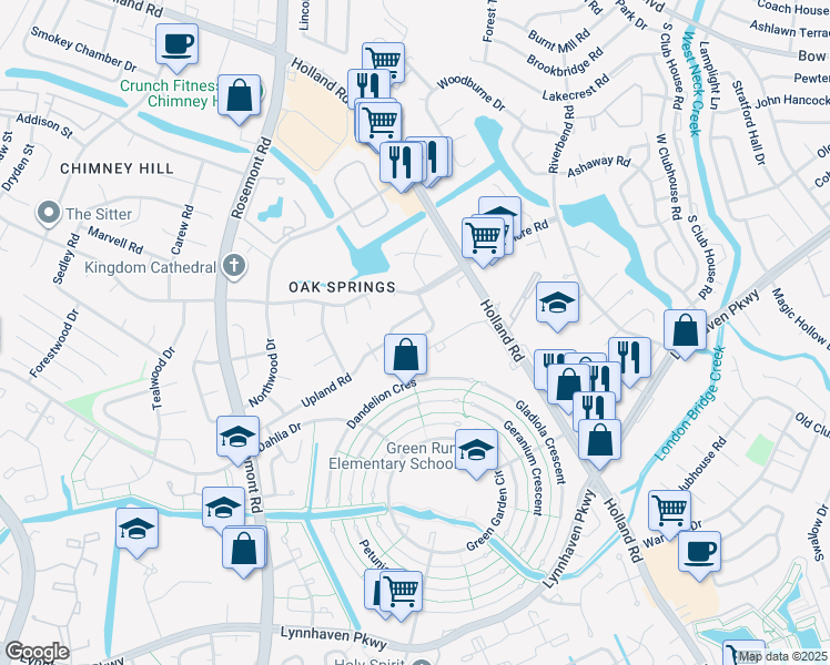 map of restaurants, bars, coffee shops, grocery stores, and more near 953 Smoke Tree Lane in Virginia Beach
