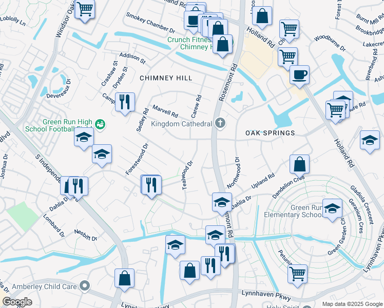 map of restaurants, bars, coffee shops, grocery stores, and more near 1024 Tealwood Drive in Virginia Beach