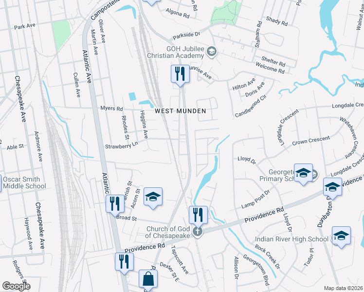 map of restaurants, bars, coffee shops, grocery stores, and more near 2645 Roadside Lane in Chesapeake