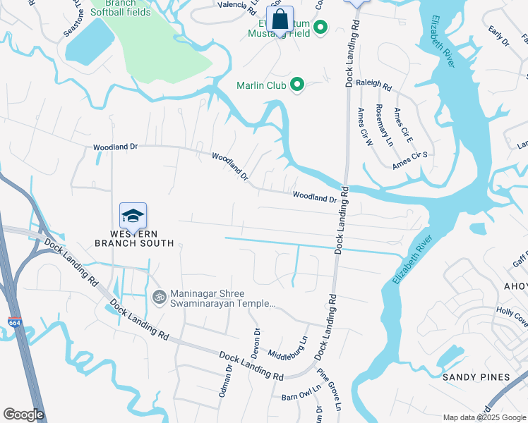 map of restaurants, bars, coffee shops, grocery stores, and more near 4044 Maple Drive in Chesapeake