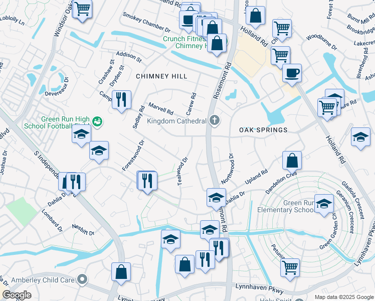 map of restaurants, bars, coffee shops, grocery stores, and more near 1024 Tealwood Drive in Virginia Beach