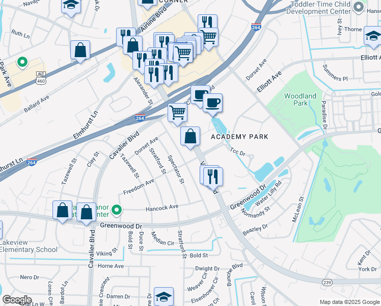 map of restaurants, bars, coffee shops, grocery stores, and more near 3601 Victory Boulevard in Portsmouth