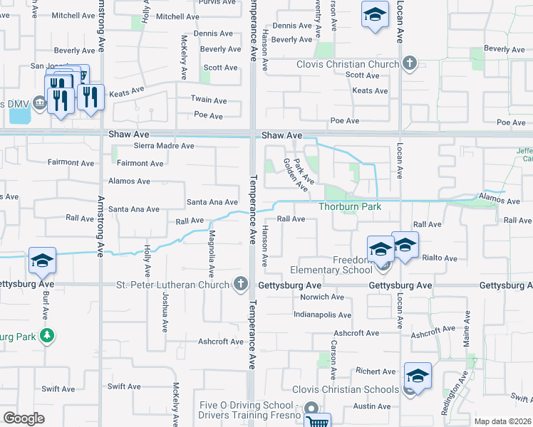 map of restaurants, bars, coffee shops, grocery stores, and more near 2476 Applegate Avenue in Clovis