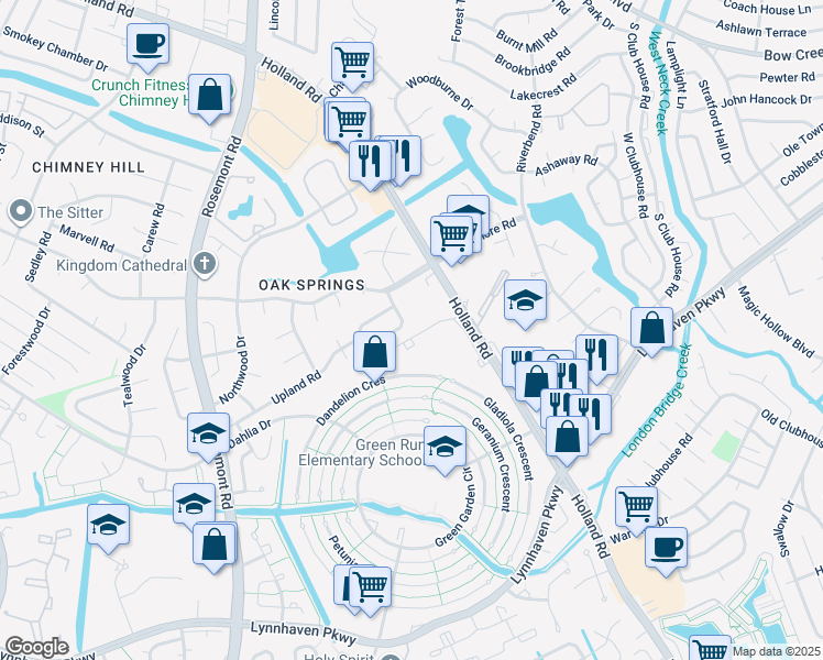 map of restaurants, bars, coffee shops, grocery stores, and more near 942 Smoke Tree Lane in Virginia Beach