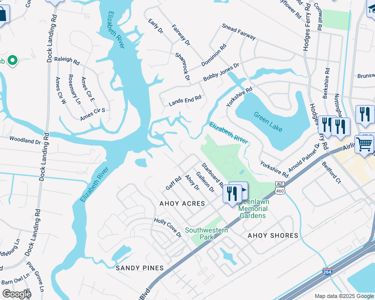 map of restaurants, bars, coffee shops, grocery stores, and more near 4012 Sea Cliff Road in Chesapeake