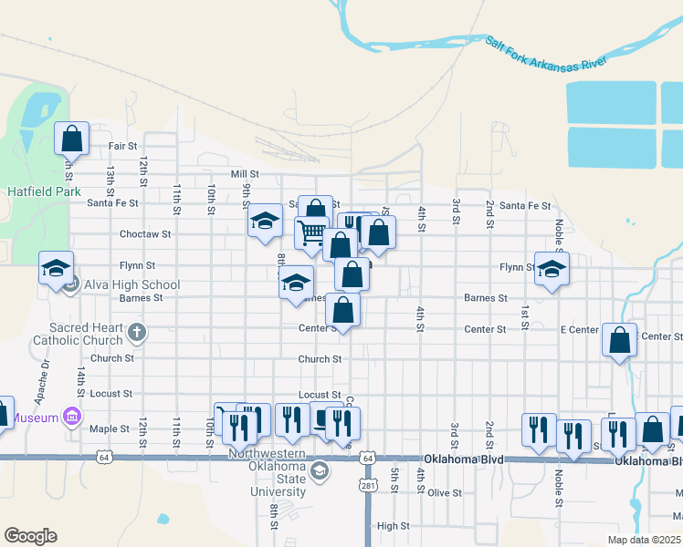 map of restaurants, bars, coffee shops, grocery stores, and more near 403 College Avenue in Alva