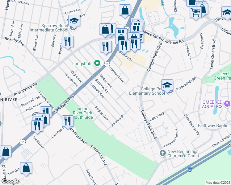 map of restaurants, bars, coffee shops, grocery stores, and more near 2029 Weber Avenue in Chesapeake