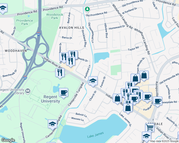 map of restaurants, bars, coffee shops, grocery stores, and more near 1008 Parkland Lane in Virginia Beach