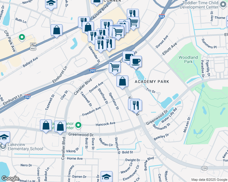 map of restaurants, bars, coffee shops, grocery stores, and more near 1603 Spectator Street in Portsmouth