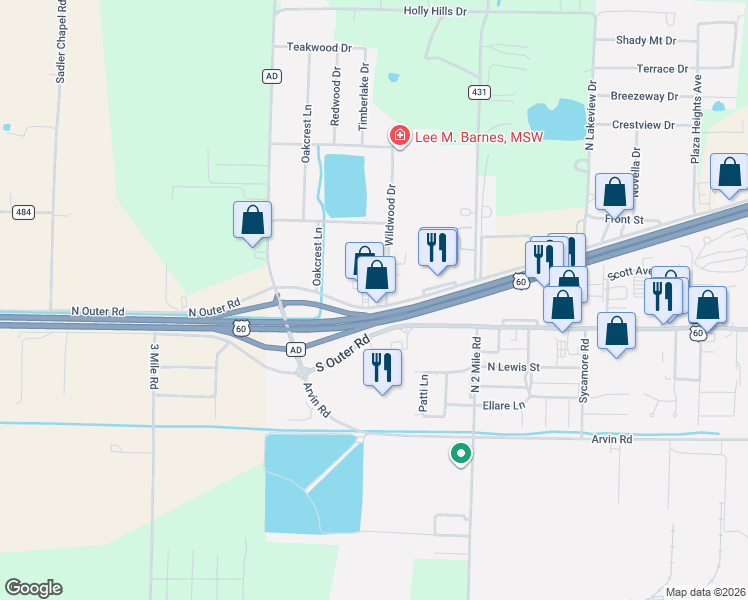 map of restaurants, bars, coffee shops, grocery stores, and more near 2102 North Outer Road in Dexter