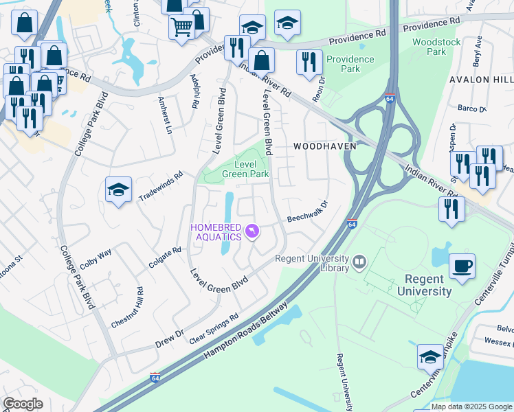 map of restaurants, bars, coffee shops, grocery stores, and more near 1102 Clear Springs Road in Virginia Beach