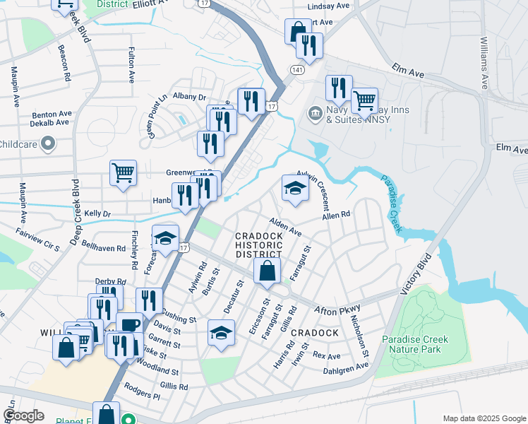 map of restaurants, bars, coffee shops, grocery stores, and more near 11 Alden Avenue in Portsmouth
