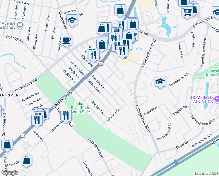 map of restaurants, bars, coffee shops, grocery stores, and more near 2025 Weber Avenue in Chesapeake