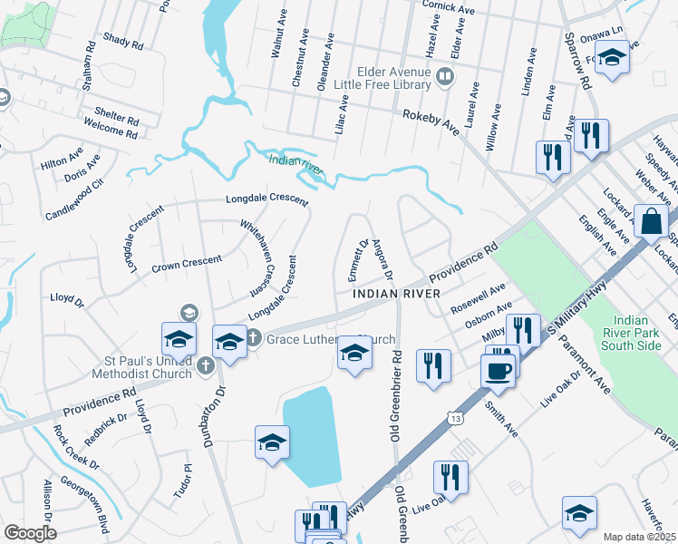 map of restaurants, bars, coffee shops, grocery stores, and more near 2038 Phyllis Drive in Chesapeake