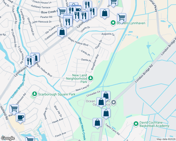 map of restaurants, bars, coffee shops, grocery stores, and more near 997 Boughton Way in Virginia Beach