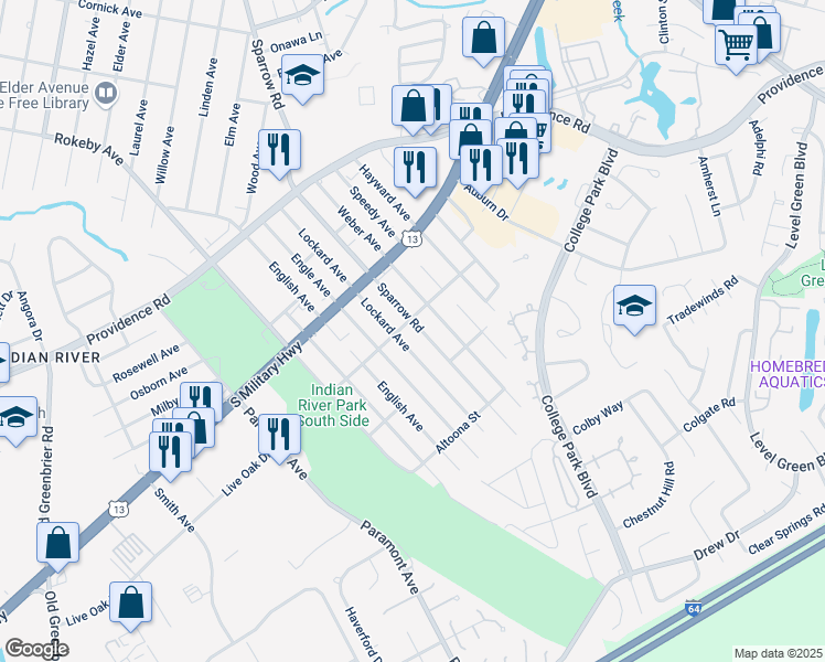 map of restaurants, bars, coffee shops, grocery stores, and more near 2015 Lockard Avenue in Chesapeake