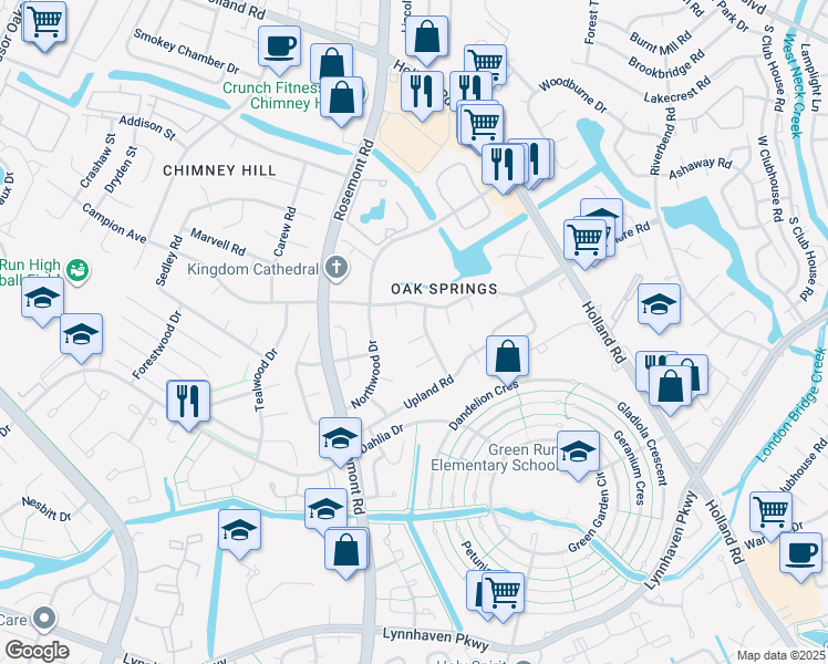 map of restaurants, bars, coffee shops, grocery stores, and more near 3704 Oak Creek Court in Virginia Beach