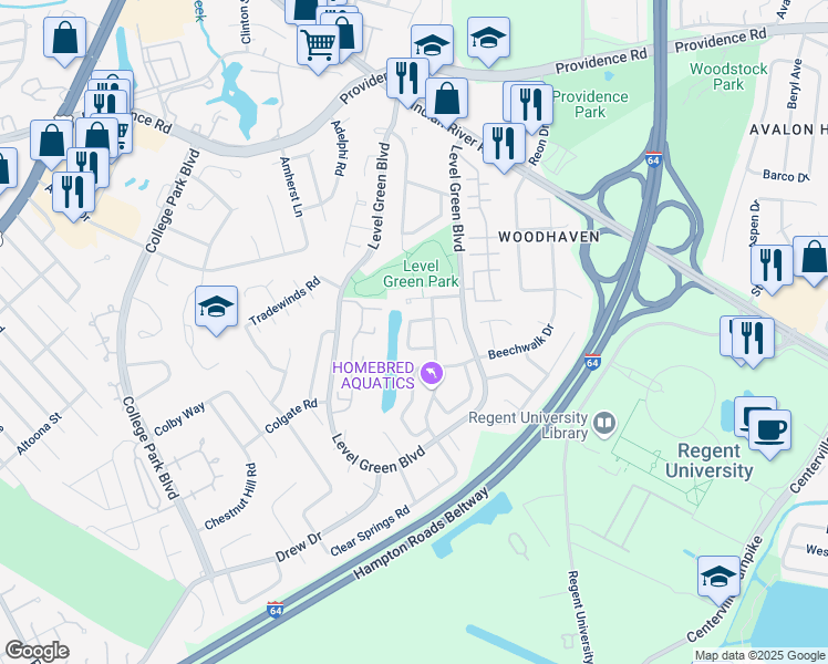 map of restaurants, bars, coffee shops, grocery stores, and more near 5975 Edgelake Drive in Virginia Beach