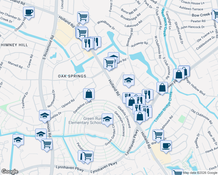 map of restaurants, bars, coffee shops, grocery stores, and more near 1027 Tivoli Crescent in Virginia Beach