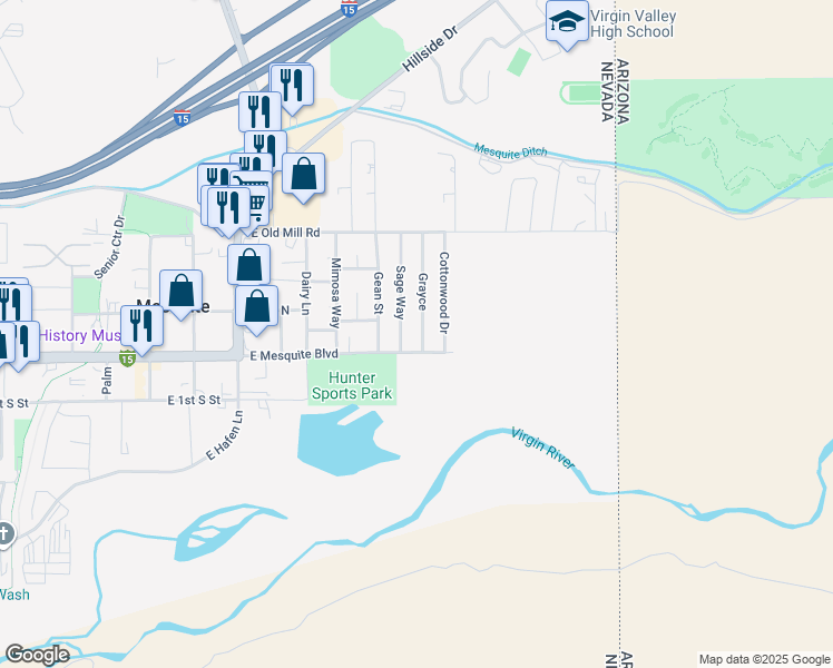 map of restaurants, bars, coffee shops, grocery stores, and more near 565 East Mesquite Boulevard in Mesquite