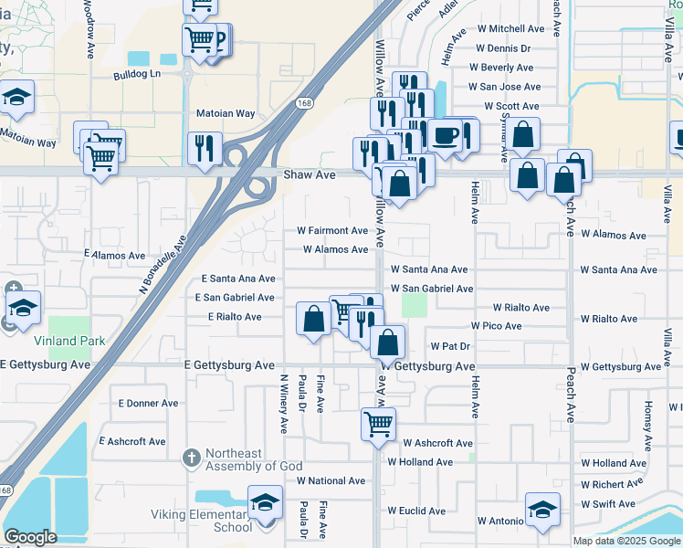 map of restaurants, bars, coffee shops, grocery stores, and more near 852 West San Gabriel Avenue in Clovis