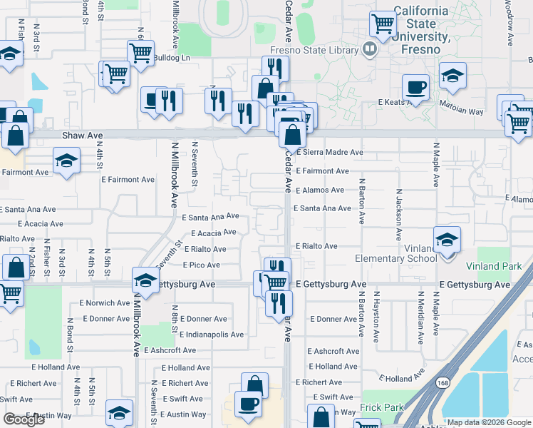 map of restaurants, bars, coffee shops, grocery stores, and more near 4727 North Cedar Avenue in Fresno