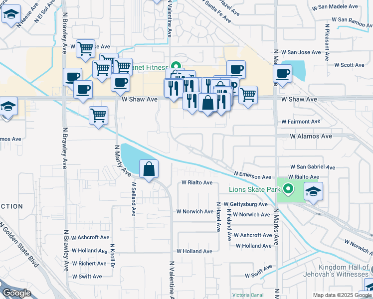 map of restaurants, bars, coffee shops, grocery stores, and more near 4597 North Emerson Avenue in Fresno