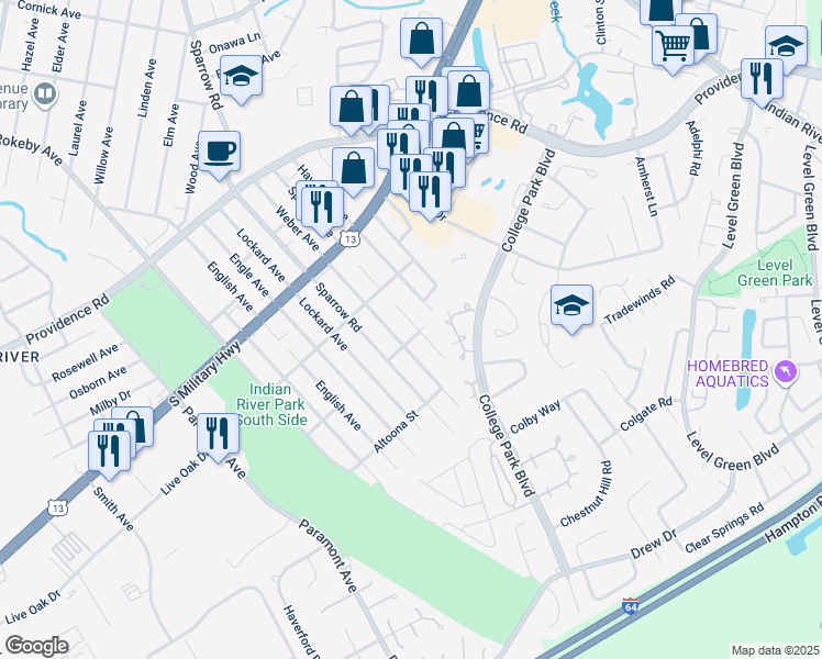 map of restaurants, bars, coffee shops, grocery stores, and more near 2104 Weber Avenue in Chesapeake