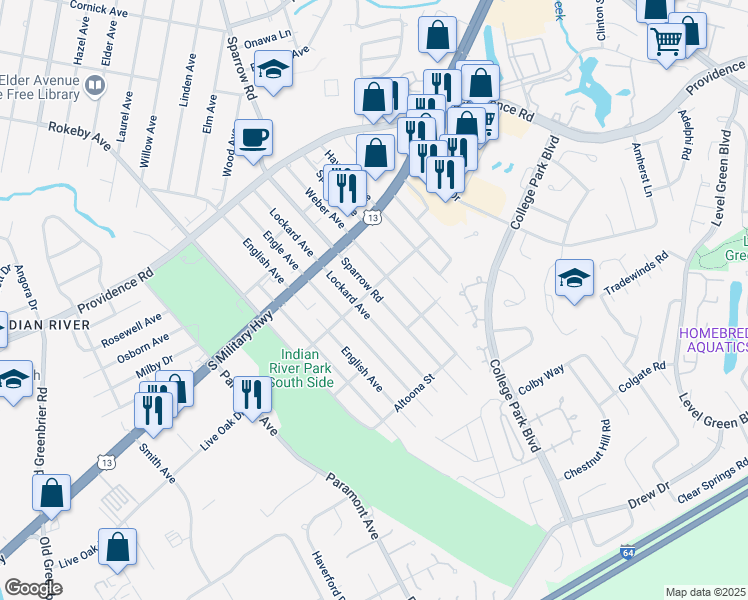 map of restaurants, bars, coffee shops, grocery stores, and more near 2015 Lockard Avenue in Chesapeake