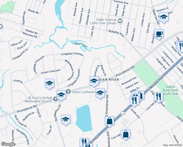 map of restaurants, bars, coffee shops, grocery stores, and more near 2038 Phyllis Drive in Chesapeake