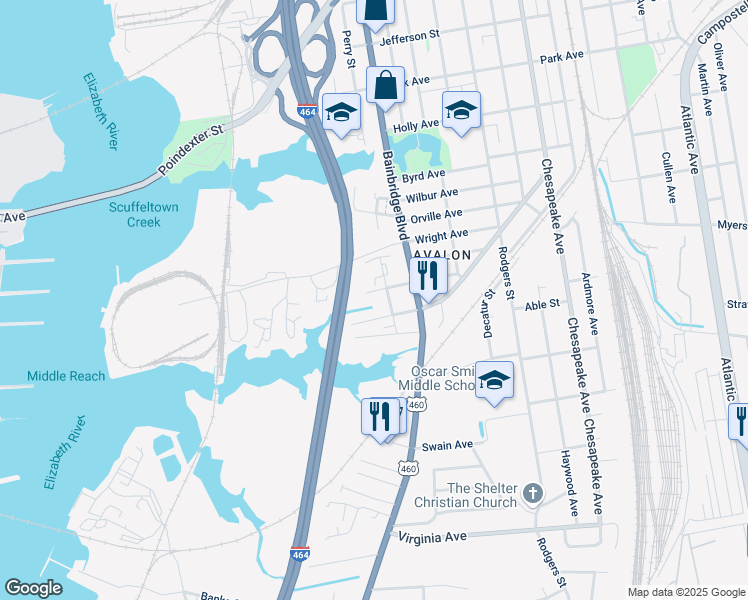 map of restaurants, bars, coffee shops, grocery stores, and more near 624 Beech Street in Chesapeake