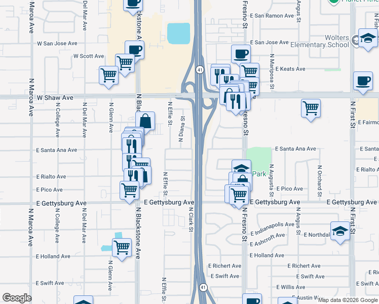 map of restaurants, bars, coffee shops, grocery stores, and more near 2044 East Acacia Avenue in Fresno