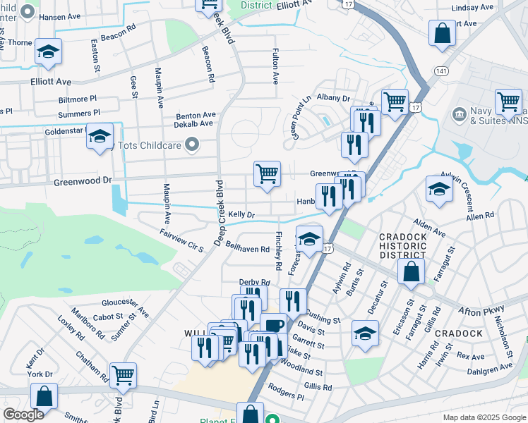 map of restaurants, bars, coffee shops, grocery stores, and more near 110 Kelly Drive in Portsmouth